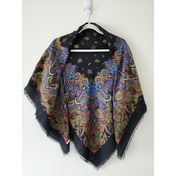 New Marco Corsari Square Scarf 44"x44" Black Green Blue Pink Fringe - Picture 2 of 4